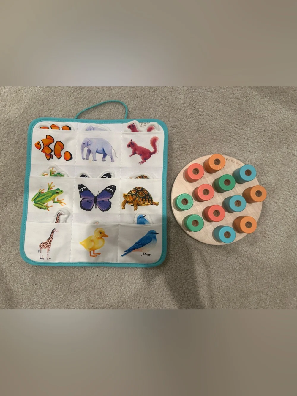 Children's Animal Matching Mat with Turquoise Trim and Wooden Color Stacker